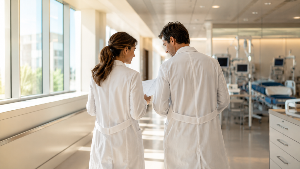 Deux médecins en blouse blanche discutant dans un couloir d’hôpital