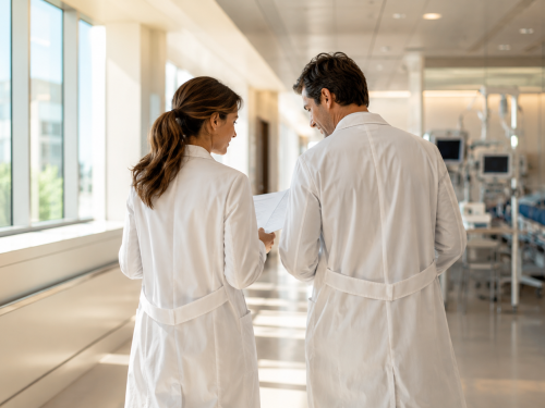 Deux médecins en blouse blanche discutant dans un couloir d’hôpital