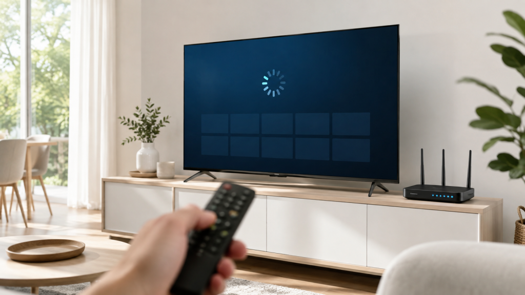 Télévision connectée affichant un symbole de chargement, avec télécommande et routeur Wi-Fi dans un salon lumineux