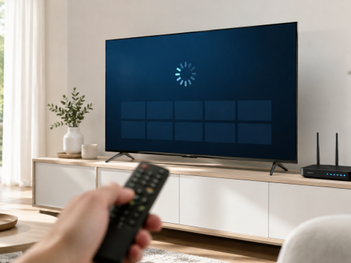 Télévision connectée affichant un symbole de chargement, avec télécommande et routeur Wi-Fi dans un salon lumineux