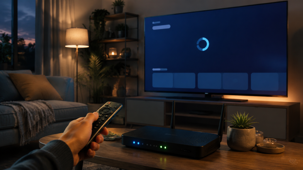 Télévision connectée affichant un chargement, avec télécommande et routeur Wi-Fi allumé dans un salon