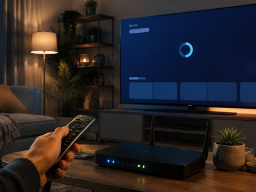 Télévision connectée affichant un chargement, avec télécommande et routeur Wi-Fi allumé dans un salon