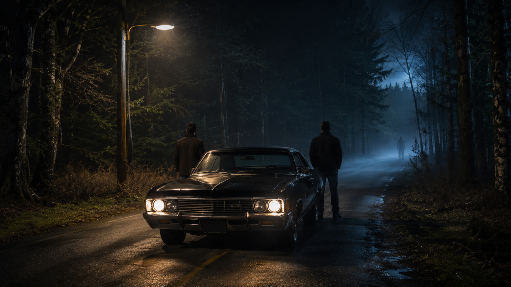 Voiture américaine ancienne garée dans une forêt nocturne, face à une présence mystérieuse.