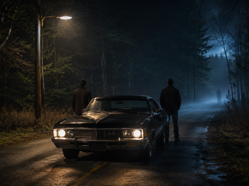Voiture américaine ancienne garée dans une forêt nocturne, face à une présence mystérieuse.