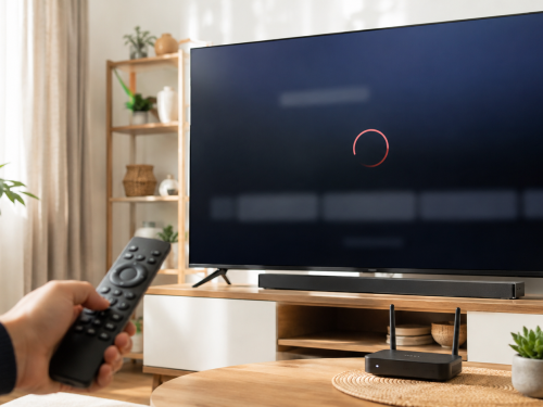 Télécommande dirigée vers une Smart TV affichant un chargement interrompu, avec un routeur Wi-Fi au premier plan.