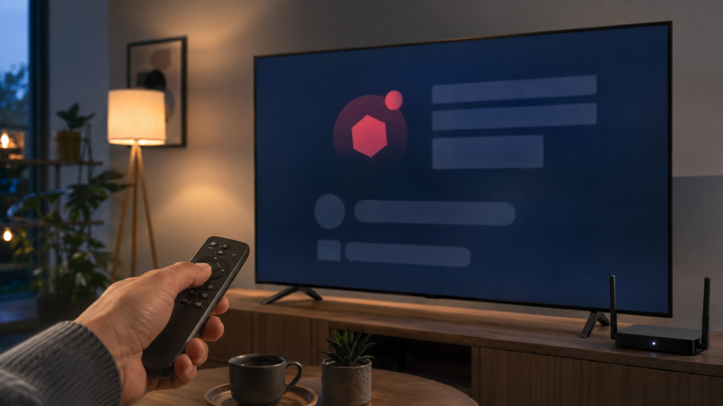 Télécommande dirigée vers une Smart TV affichant un écran d’erreur de streaming dans un salon.