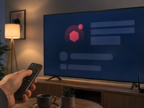 Télécommande dirigée vers une Smart TV affichant un écran d’erreur de streaming dans un salon.