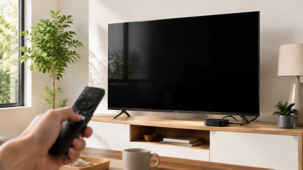 Télévision affichant un écran noir, avec télécommande et boîtier de streaming dans un salon lumineux