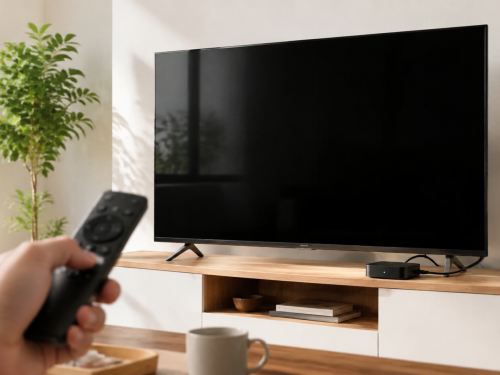 Télévision affichant un écran noir, avec télécommande et boîtier de streaming dans un salon lumineux