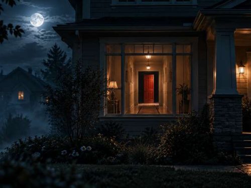 Maison de nuit avec une porte rouge au fond d’un couloir éclairé.