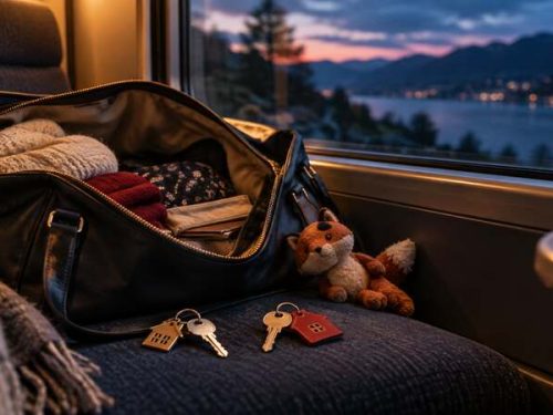 Sac de voyage, clés et peluche renard dans un train au crépuscule, symbolisant une double vie.