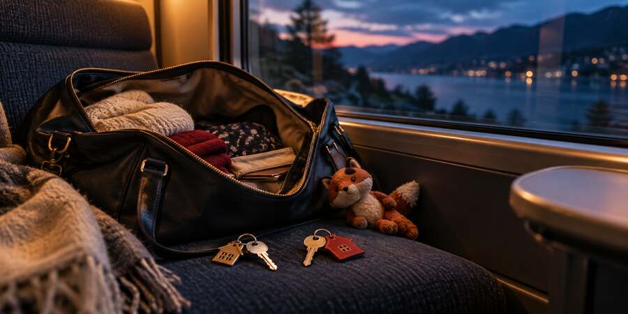 Sac de voyage, clés et peluche renard dans un train au crépuscule, symbolisant une double vie.