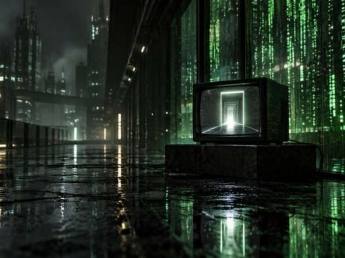 Écran rétro affichant un portail lumineux dans une ville futuriste sous la pluie.